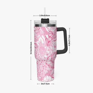 Pink and White Floral Design Pattern 40oz Car Tumbler Cup, Large Water Tumbler with Handle, Gift Idea for Christmas, Birthday, Bestie, Coworker