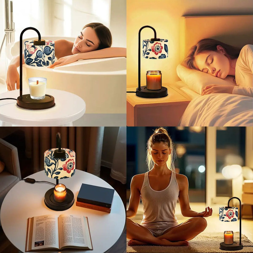 Boho Floral Candle Warmer Lamp with Linen Shade – Adjustable Heat & Remote Control
