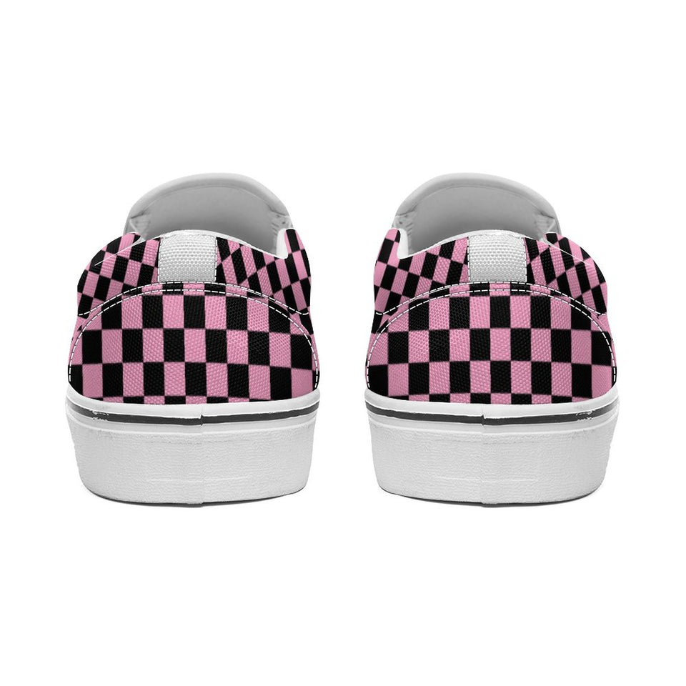 Pink and Black Checkerboard Printed Slip-on Canvas Shoes  Trendy Slip on shoe gift