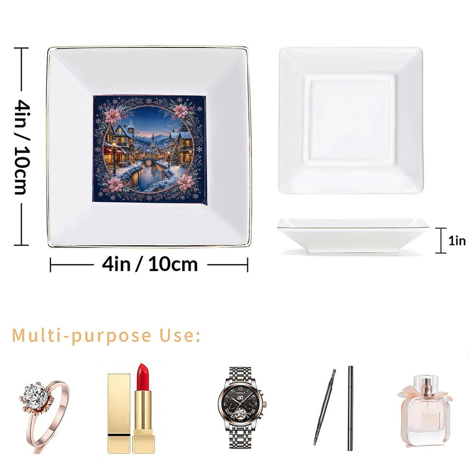 Winter village Mahjong dice dish with gold trim holding jewelry – view 10
