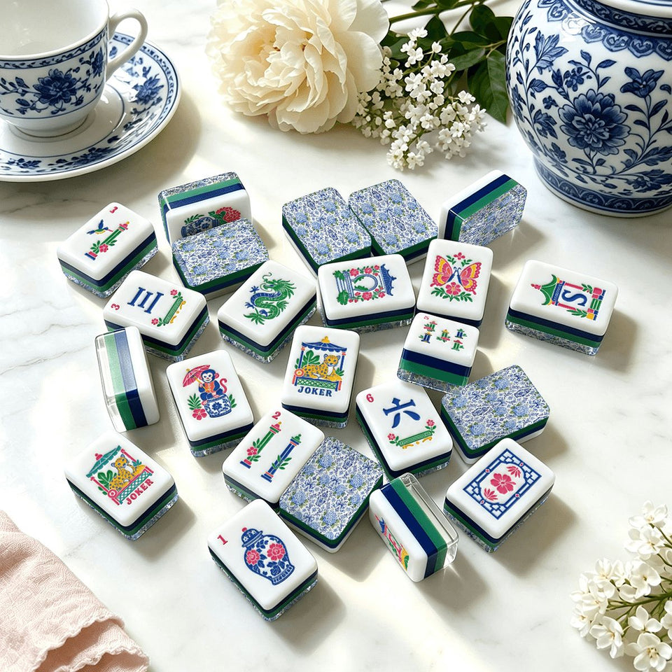 Chinoiserie chic blue and white American Mahjong tile set with jokers – view 3