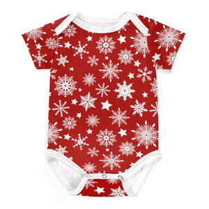 Baby Clothing One Piece Bodysuit with Snowflakes, Red and White Design, Holiday Apparel Gift for baby ages 3 to 24 mo