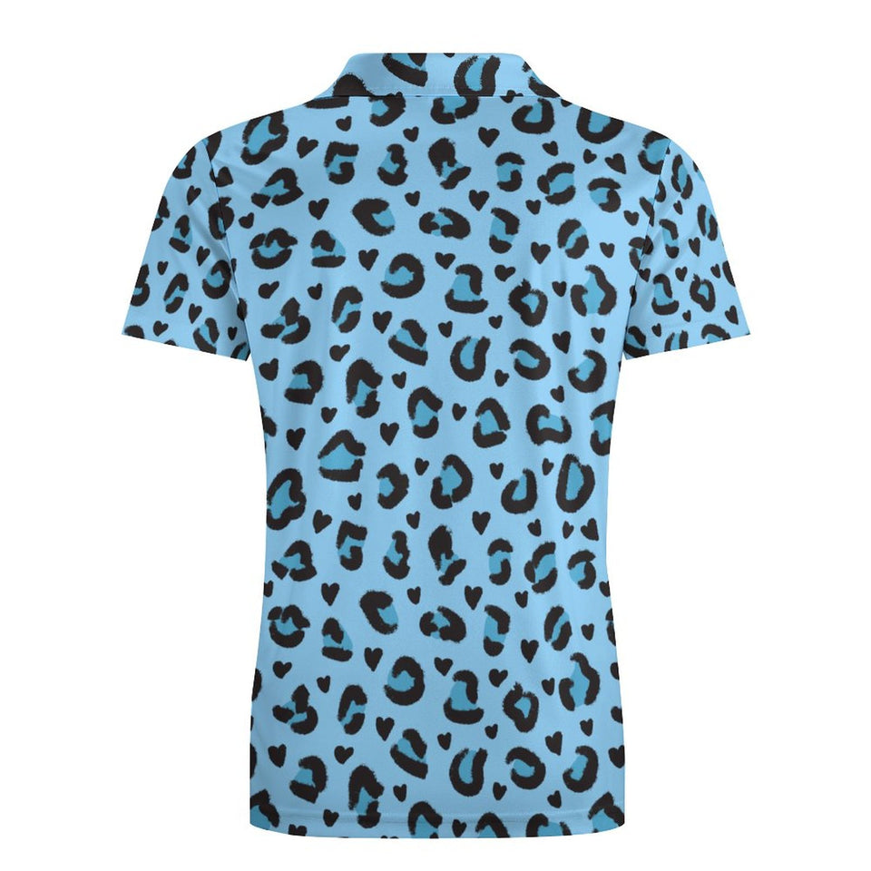 Blue Leopard All Over print Collared Short Sleeved Shirt for Kids,