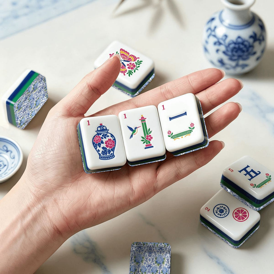 Chinoiserie chic blue and white American Mahjong tile set with jokers – view 4