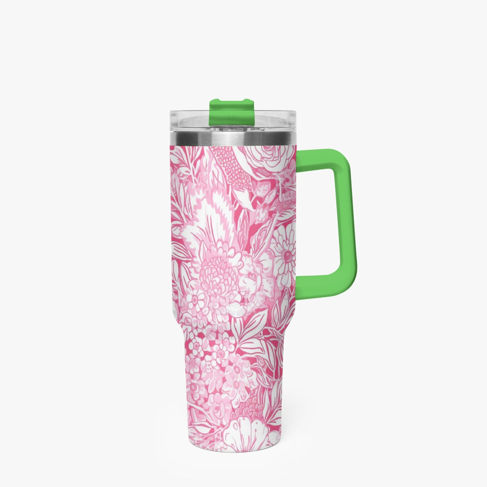 Pink and White Floral Design Pattern 40oz Car Tumbler Cup, Large Water Tumbler with Handle, Gift Idea for Christmas, Birthday, Bestie, Coworker