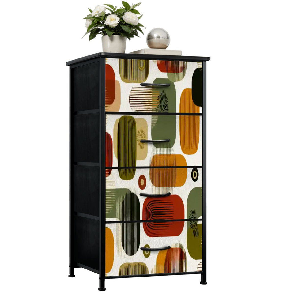 Mid-Century Modern Geometric 4-Drawer Dresser – Retro Abstract Pattern Storage Chest with Faux Leather Finish, Metal Frame & Fabric Drawers