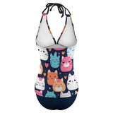 Cartoon Cats Pattern 2-Piece Women's Halter Tankini 48KA01 (All-Over Printing), Cute Bathing suit, Summer swimwear