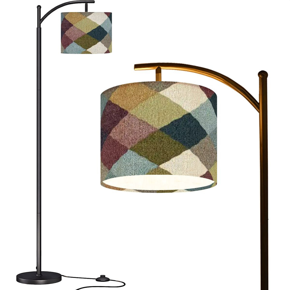 Patchwork Pattern Arc Floor Lamp – Custom Linen Shade with Black Metal Base | Designed in Florida, Made in USA