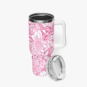 Pink and White Floral Design Pattern 40oz Car Tumbler Cup, Large Water Tumbler with Handle, Gift Idea for Christmas, Birthday, Bestie, Coworker