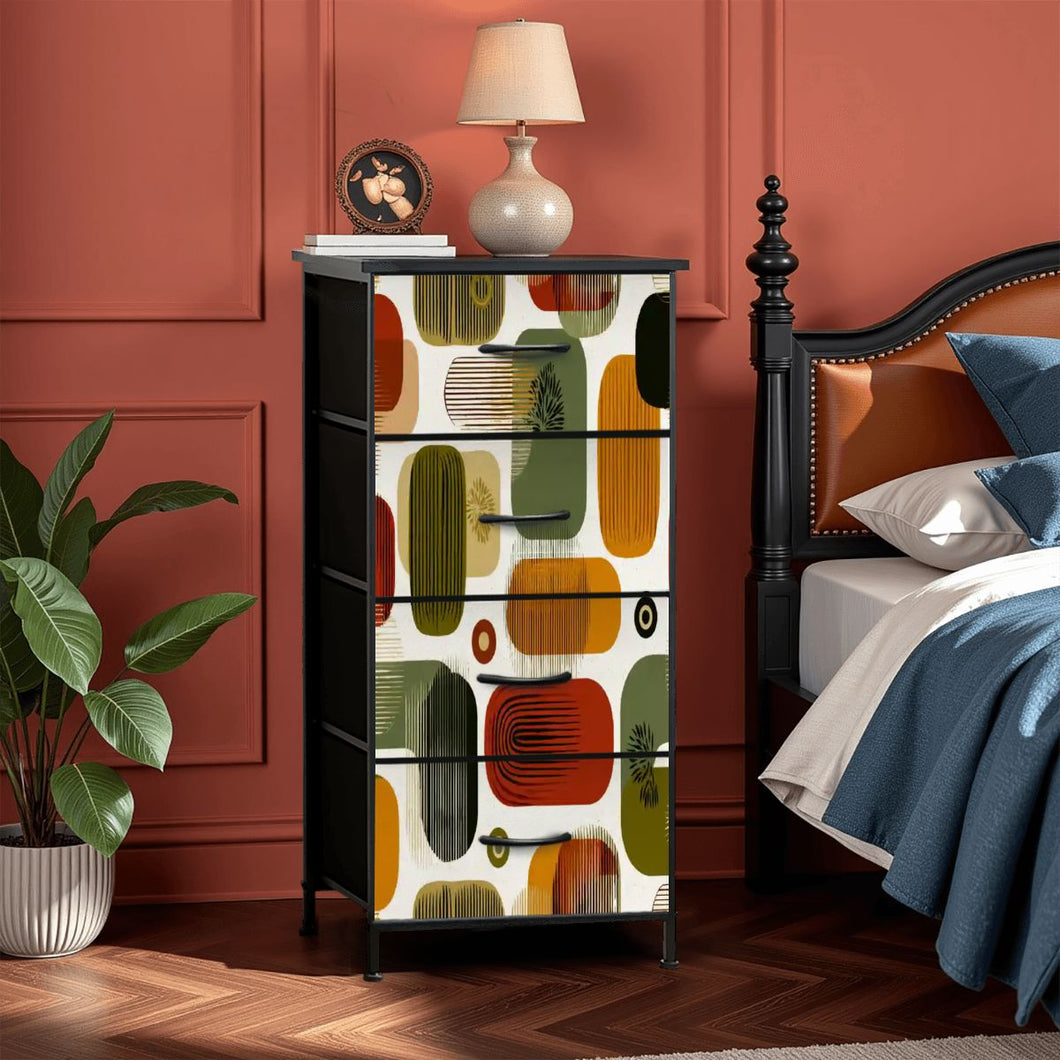 Mid-Century Modern Geometric 4-Drawer Dresser – Retro Abstract Pattern Storage Chest with Faux Leather Finish, Metal Frame & Fabric Drawers