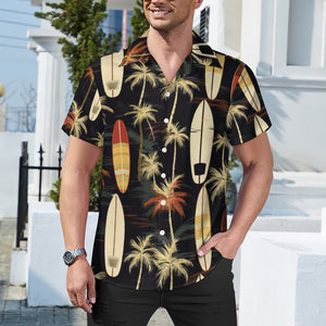 Surfboard Tropical Palm Tree Print Men's Short Sleeve Hawaiian Print Shirt with Cuban Collar AY006 (All-Over Printing)