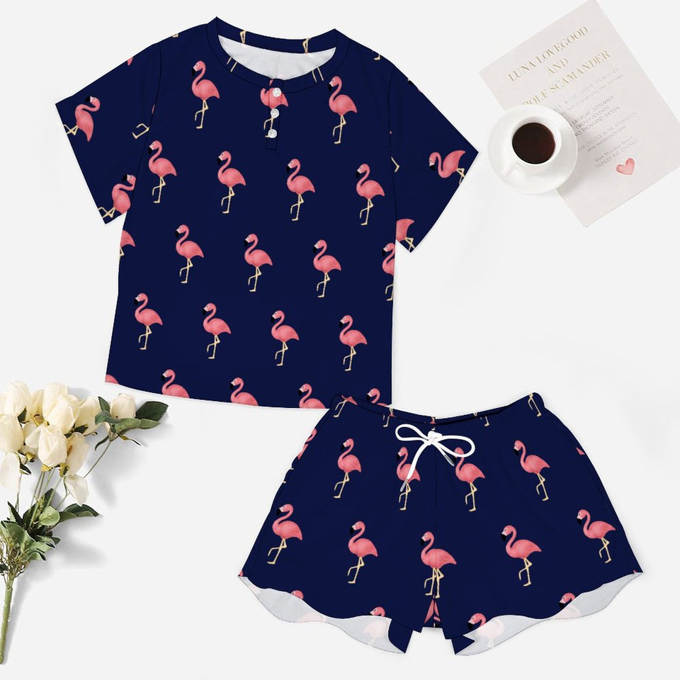 Flamingo Pattern Short Sleeve Loungewear  Short Set  (All-Over Printing), Flamingo fan gift, pajama set for her