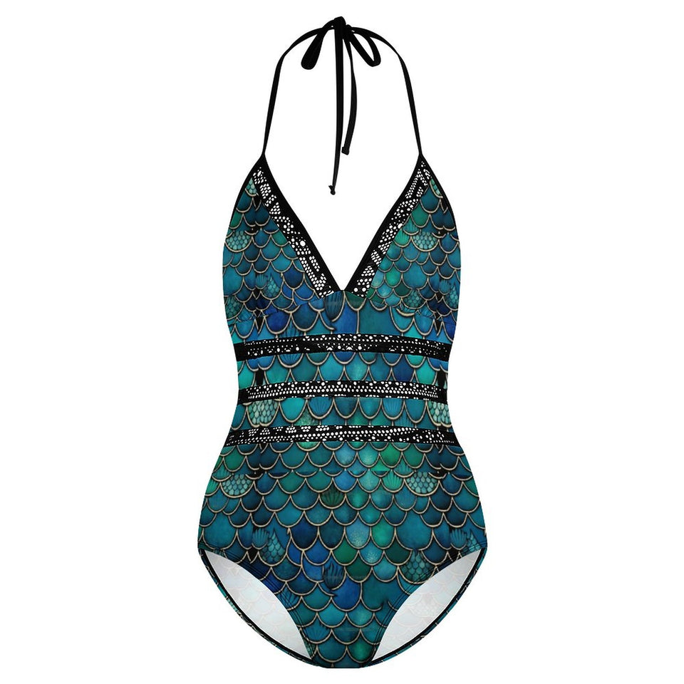 Mermaid Scale Pattern, Women's Sexy One Piece Swimsuit, Halter One-Piece Swim suits YS20001 (All-Over Printing), Gift For Her, Summer, Sprint Swimwear