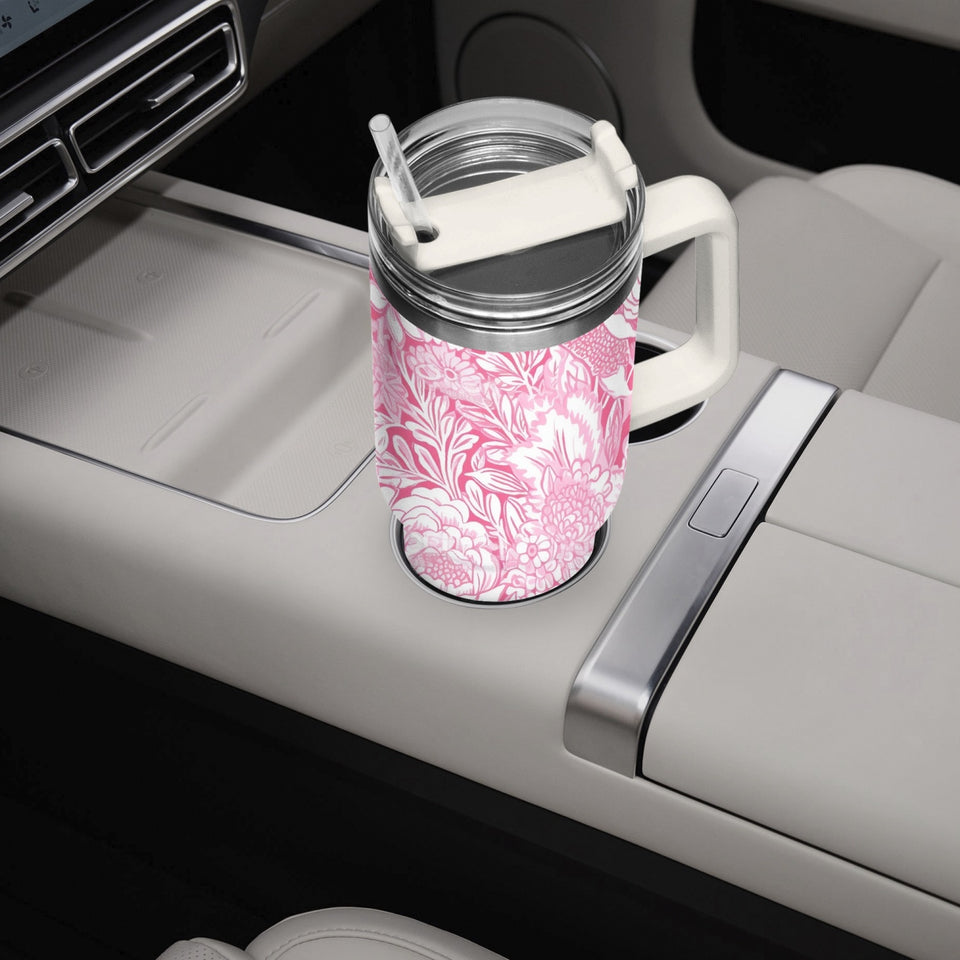 Pink and White Floral Design Pattern 40oz Car Tumbler Cup, Large Water Tumbler with Handle, Gift Idea for Christmas, Birthday, Bestie, Coworker