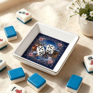 Winter village Mahjong dice dish with gold trim holding jewelry – view 10
