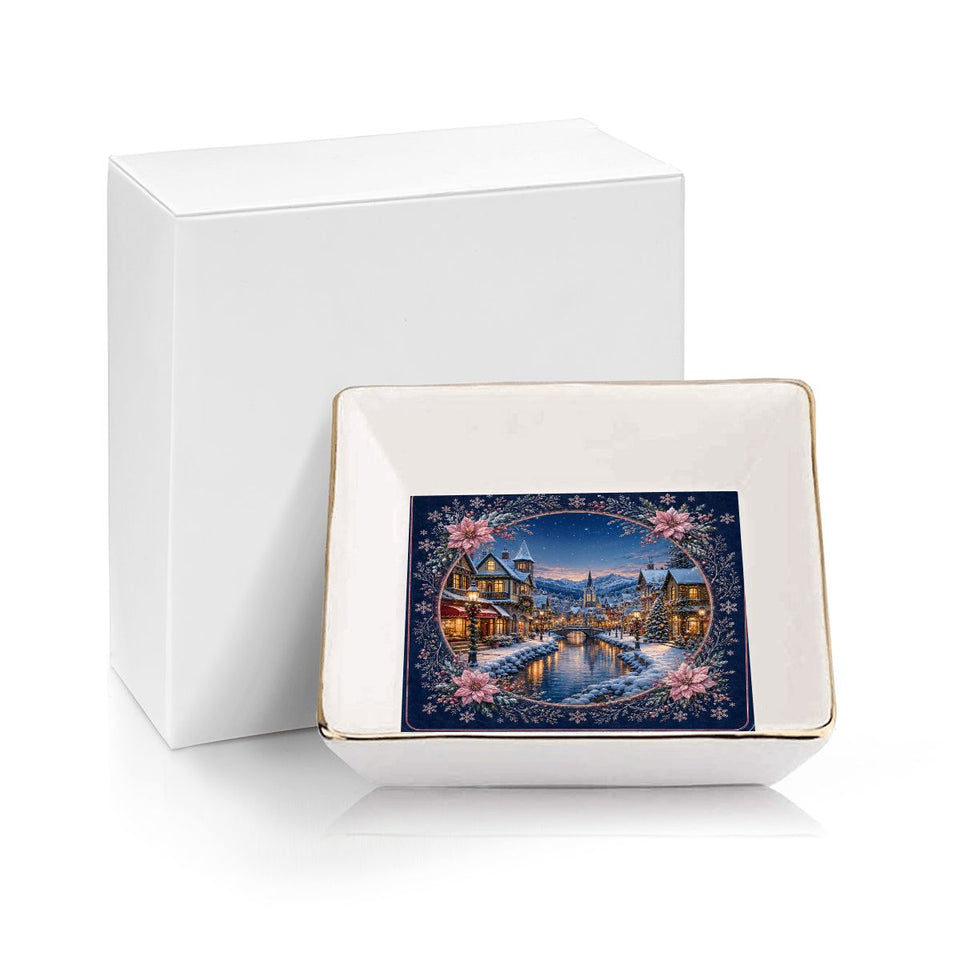 Winter village Mahjong dice dish with gold trim holding jewelry – view 9