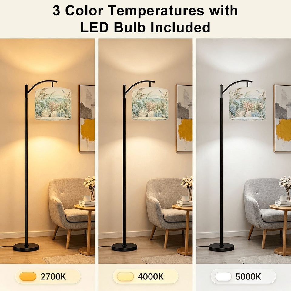 Coastal seashell arc floor lamp with beach grass and hydrangea print shade – view 6