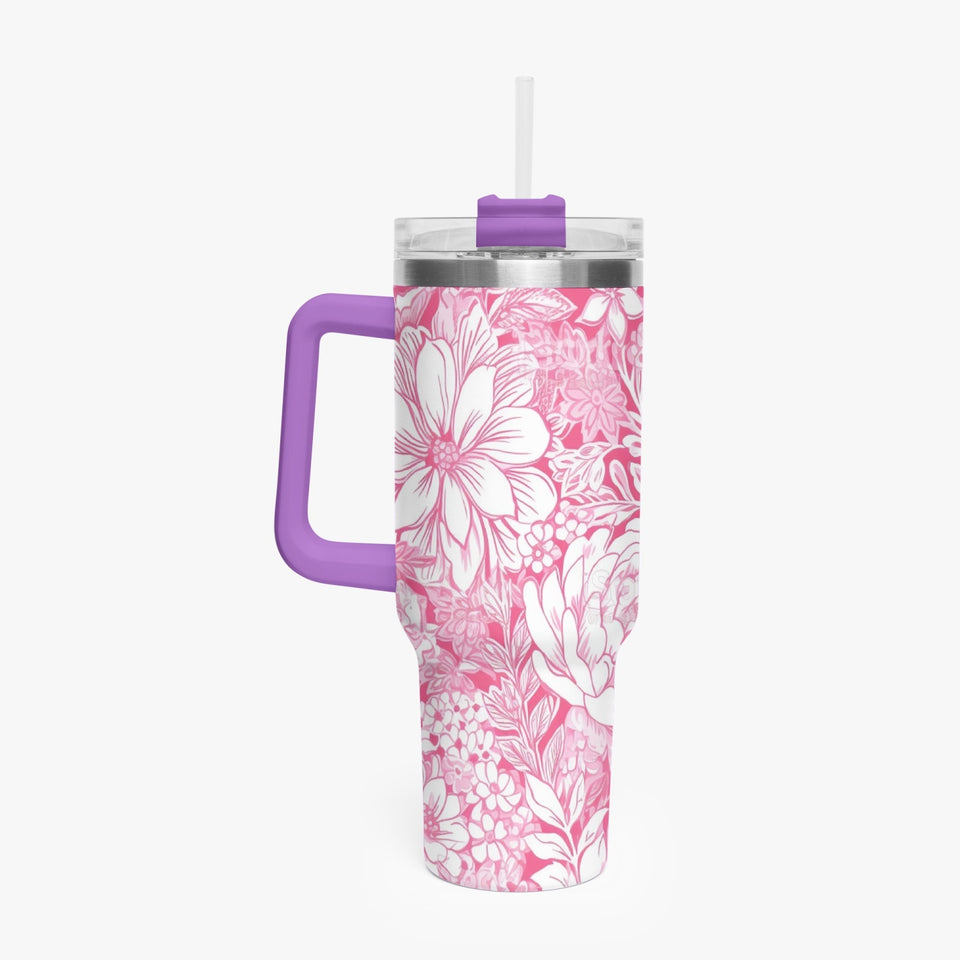 Pink and White Floral Design Pattern 40oz Car Tumbler Cup, Large Water Tumbler with Handle, Gift Idea for Christmas, Birthday, Bestie, Coworker