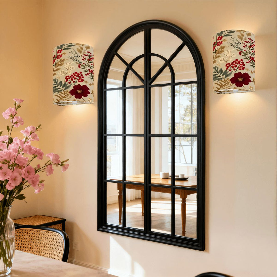Red & Cream Floral Linen Wall Sconce Lamp – Cordless Remote-Control Accent Light, Set of 2