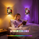 Floral Linen Wall Sconces set of 2 with Remote Control | Battery Powered RGB Wall Lamps | Vintage Botanical Lighting