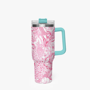 Pink and White Floral Design Pattern 40oz Car Tumbler Cup, Large Water Tumbler with Handle, Gift Idea for Christmas, Birthday, Bestie, Coworker