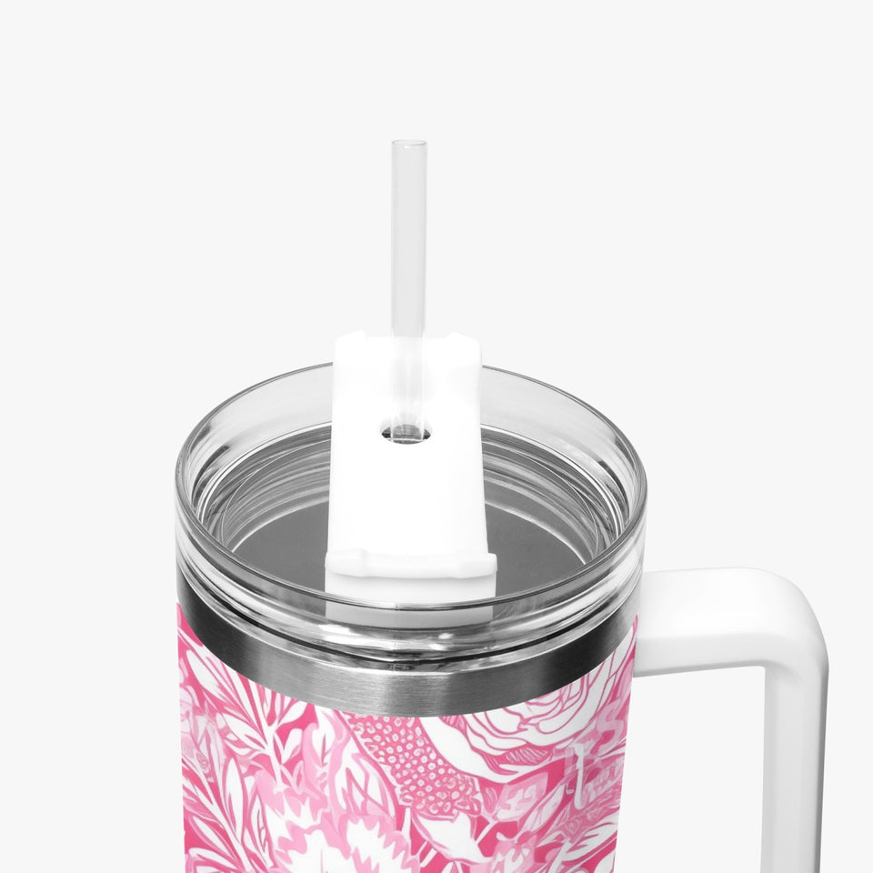 Pink and White Floral Design Pattern 40oz Car Tumbler Cup, Large Water Tumbler with Handle, Gift Idea for Christmas, Birthday, Bestie, Coworker