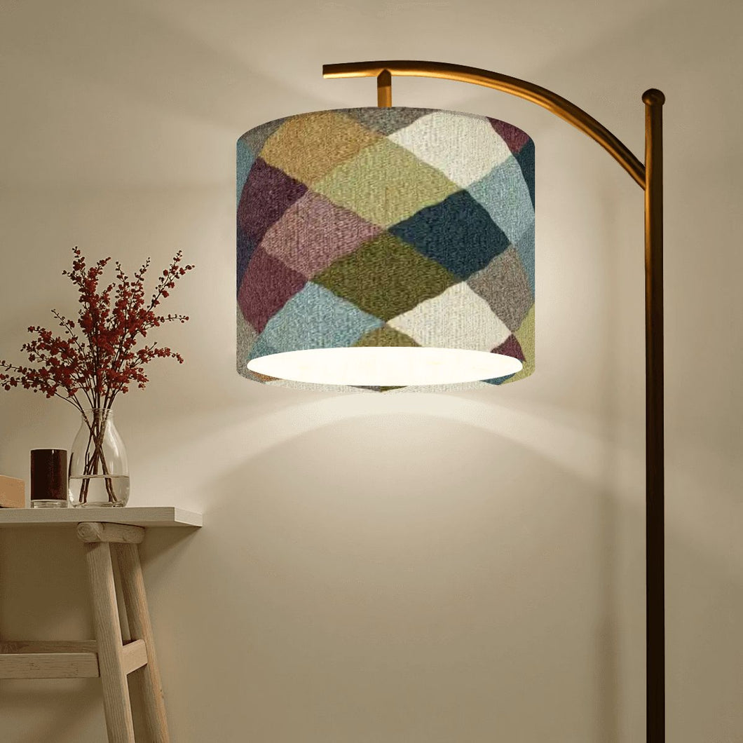 Patchwork Pattern Arc Floor Lamp – Custom Linen Shade with Black Metal Base | Designed in Florida, Made in USA