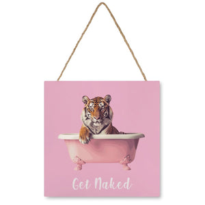 Funny Bathroom Wood Sign, "Get Naked" Tiger in Bathtub, Square Wood Wall Decor -12X12, Gift for College Student, Dorm Room, Bathroom Decor