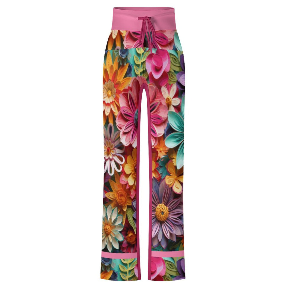 Colorful Floral Pattern Drawstring Yoga Pants  with Straight Baggy (All-Over Printing)