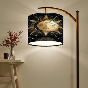 Celestial Sun & Moon Arc Floor Lamp – Boho Astrology Linen Shade with Adjustable Arm | Made in USA