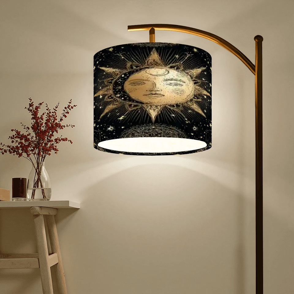 Celestial Sun & Moon Arc Floor Lamp – Boho Astrology Linen Shade with Adjustable Arm | Made in USA
