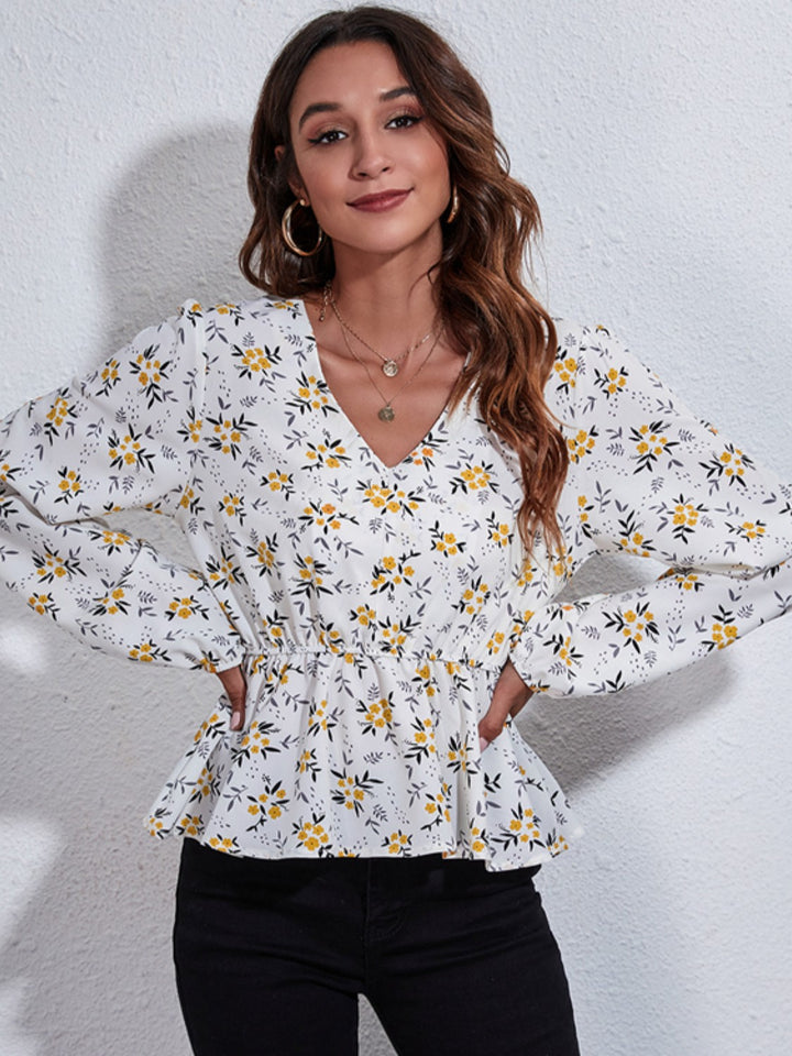 Floral V-Neck Balloon Sleeve Peplum Blouse