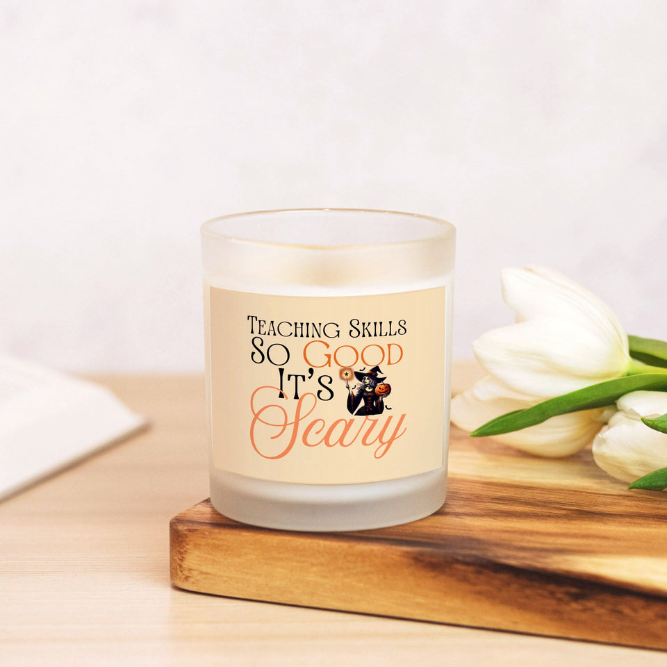 Teacher Candle Gift, Fall Halloween Theme, Choice of Scent, Frosted Glass (Hand Poured 11 oz)