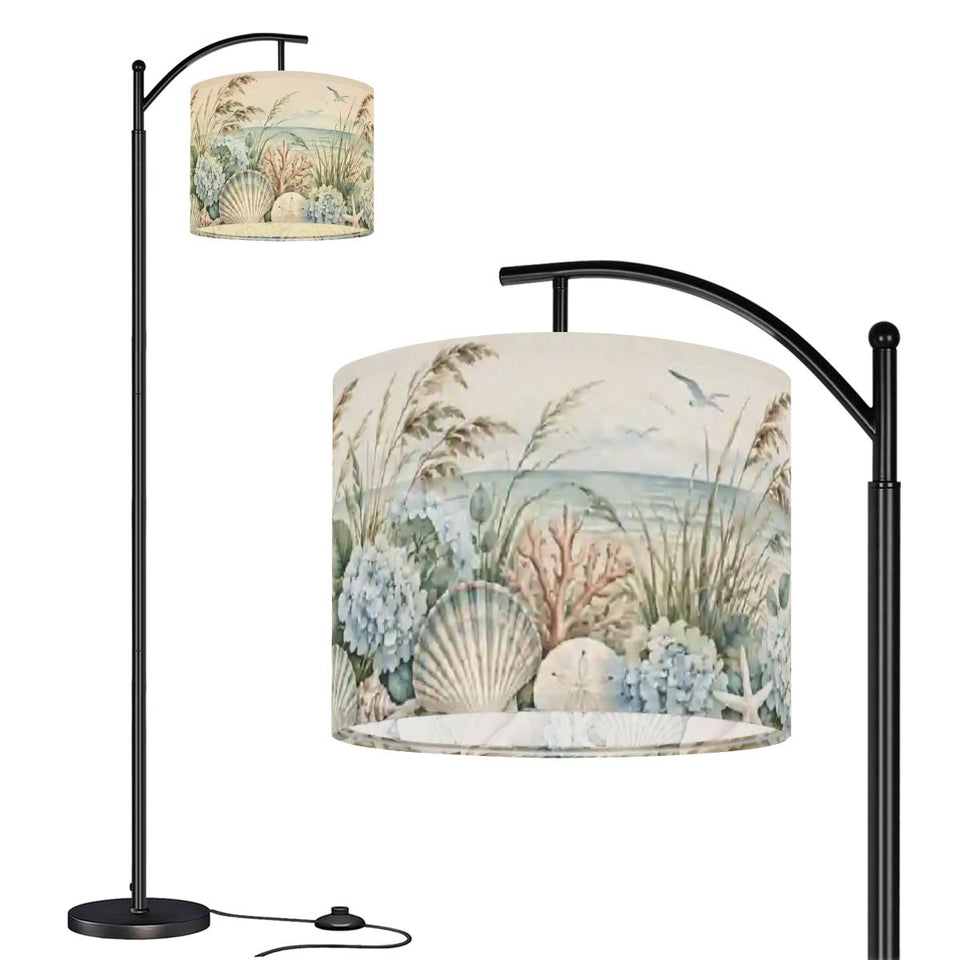 Coastal seashell arc floor lamp with beach grass and hydrangea print shade