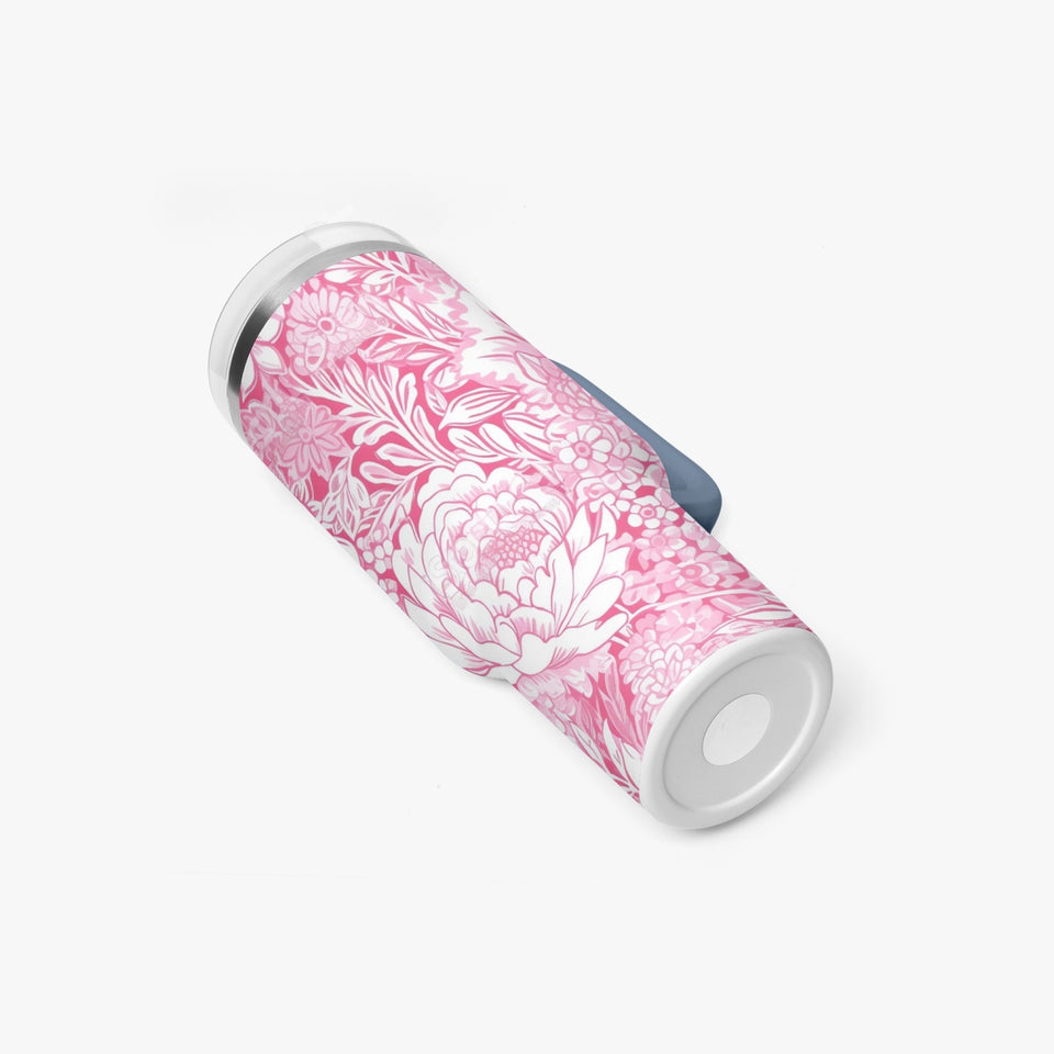 Pink and White Floral Design Pattern 40oz Car Tumbler Cup, Large Water Tumbler with Handle, Gift Idea for Christmas, Birthday, Bestie, Coworker