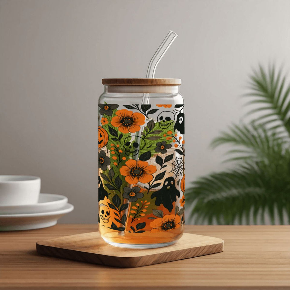 Floral Halloween Spooky Glass Tumbler with Straw & Bamboo Lid  (16oz)