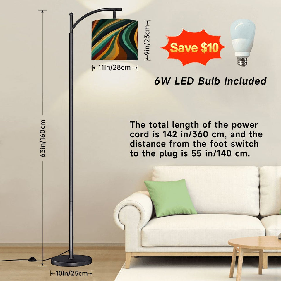 Retro 70s Style Arc Floor Lamp - Blue & Orange Psychedelic Marbled Shade - 63" Modern Standing Light - Graphic Art Decor - Made in USA