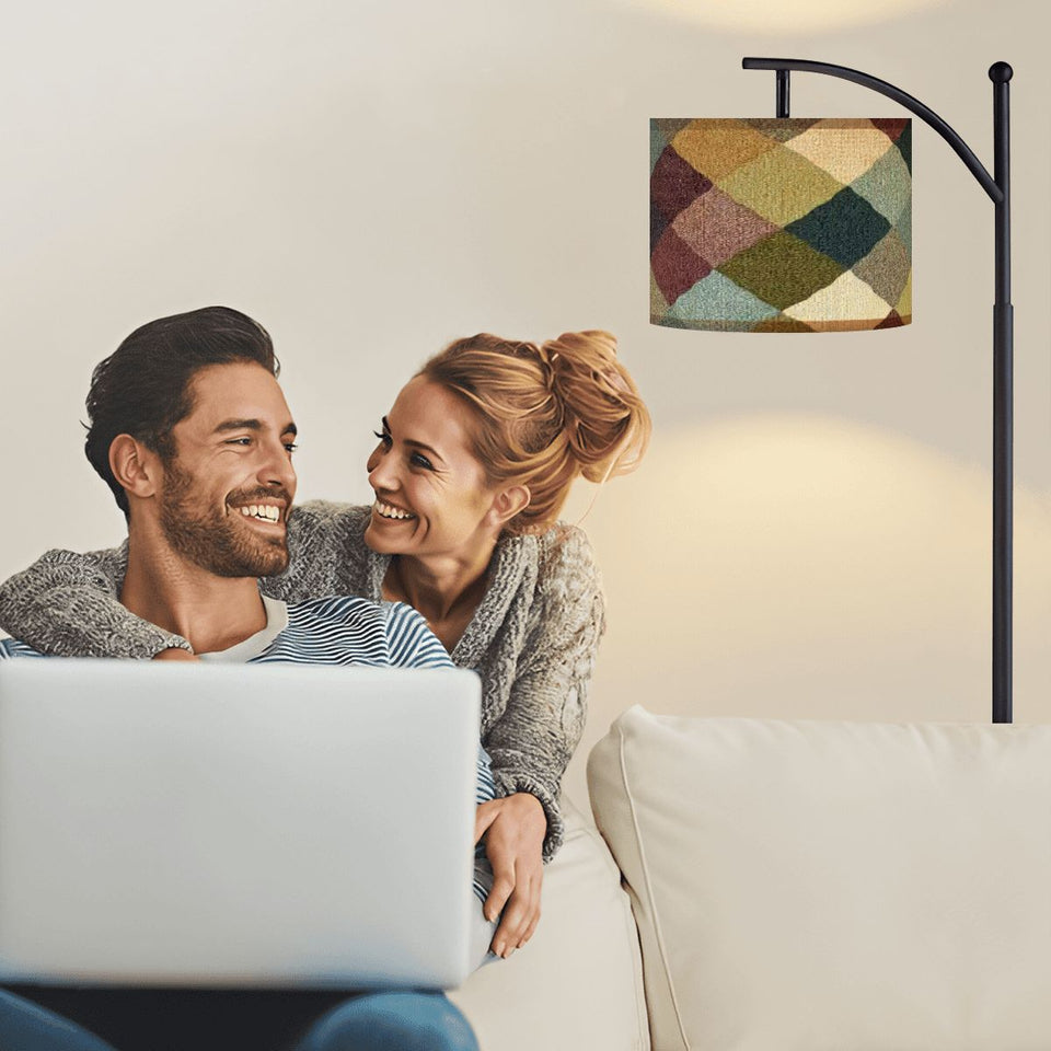 Patchwork Pattern Arc Floor Lamp – Custom Linen Shade with Black Metal Base | Designed in Florida, Made in USA