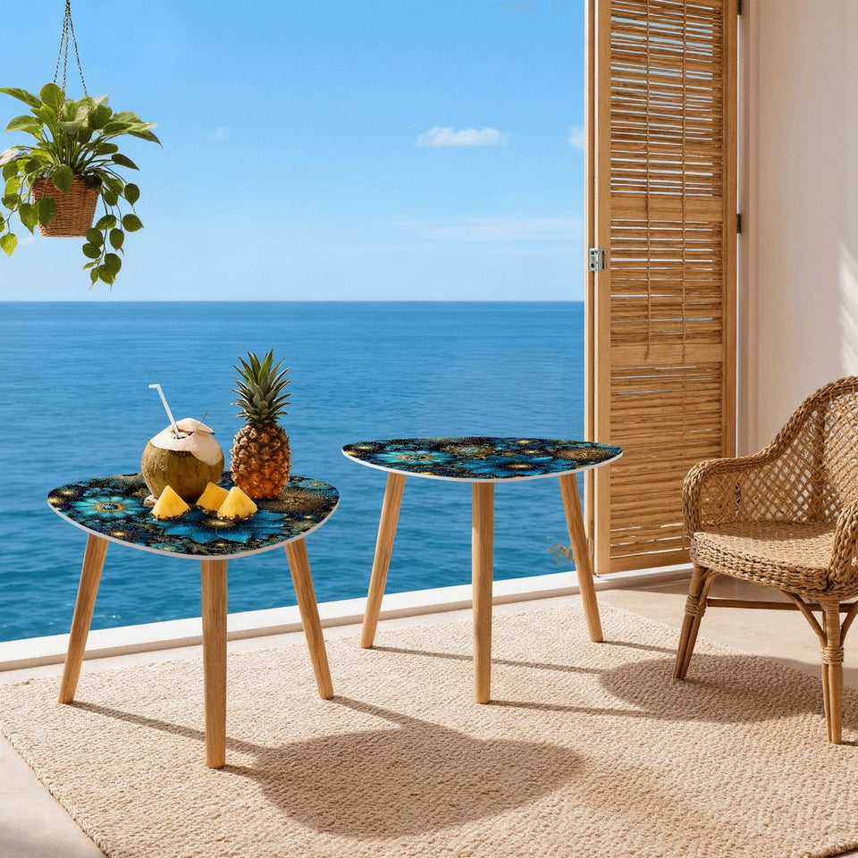 Celestial Floral Design Bamboo + MDF Triangle Coffee Table Set of 2 (Made in USA)