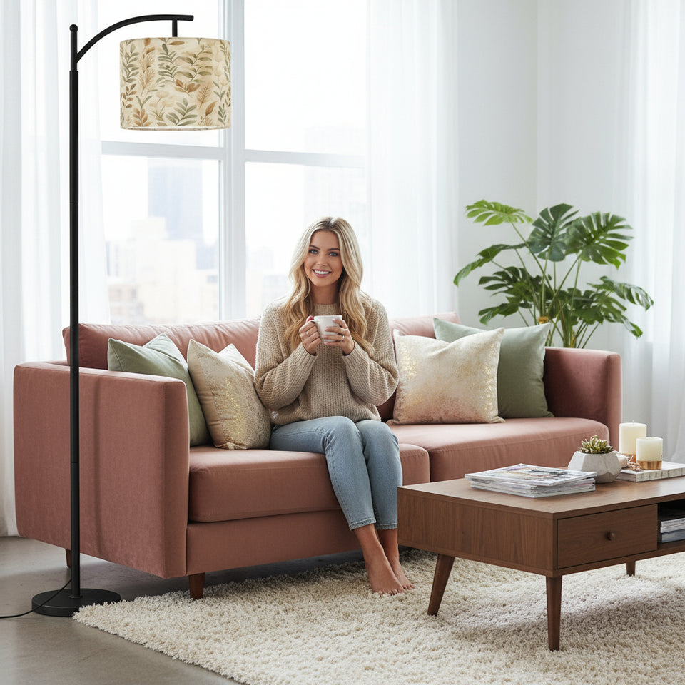 Boho Botanical Arc Floor Lamp – Beige Linen Shade with Leaf Pattern | Cozy Modern Lighting Floor Lamp (Made in USA), Home Decor Lighting, Standing Floor Lamp