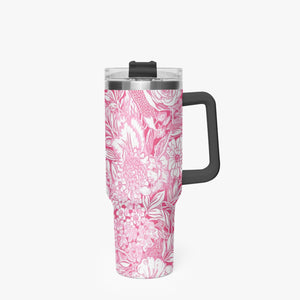 Pink and White Floral Design Pattern 40oz Car Tumbler Cup, Large Water Tumbler with Handle, Gift Idea for Christmas, Birthday, Bestie, Coworker