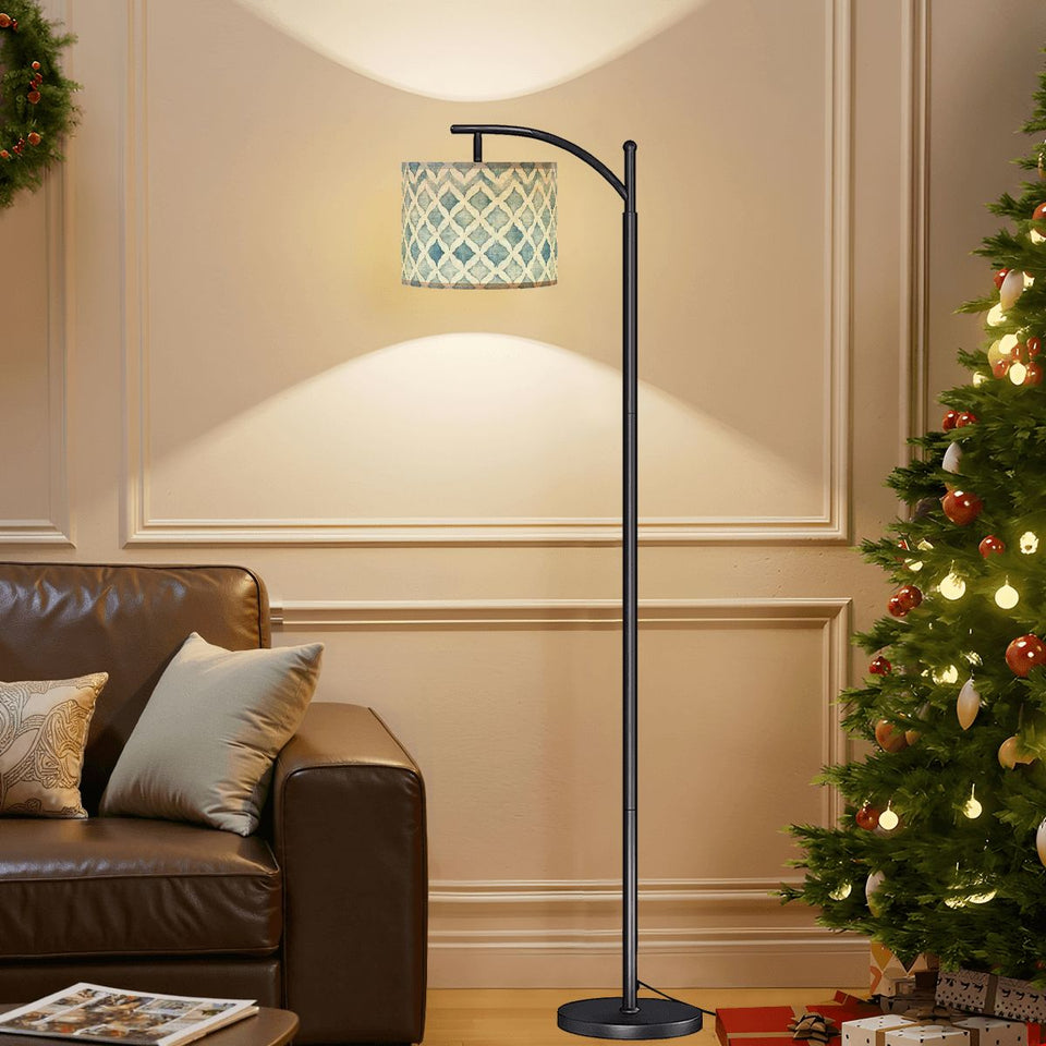Blue and white watercolor Moroccan trellis arc floor lamp shade – view 6