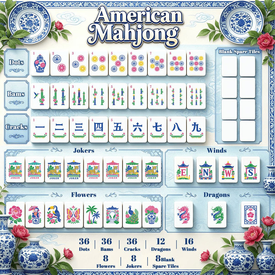 Chinoiserie chic blue and white American Mahjong tile set with jokers – view 8