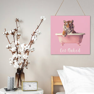 Funny Bathroom Wood Sign, "Get Naked" Tiger in Bathtub, Square Wood Wall Decor -12X12, Gift for College Student, Dorm Room, Bathroom Decor