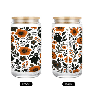Floral Halloween Spooky Glass Tumbler with Straw & Bamboo Lid  (16oz)