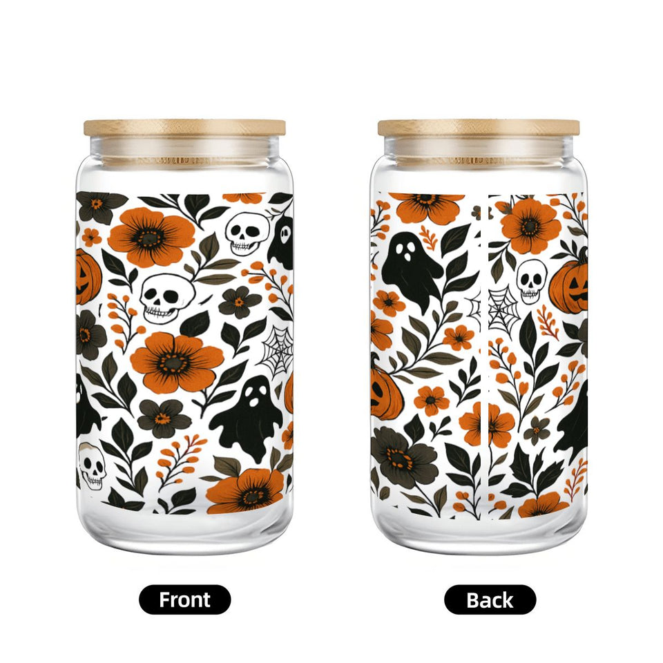 Floral Halloween Spooky Glass Tumbler with Straw & Bamboo Lid  (16oz)