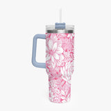 Pink and White Floral Design Pattern 40oz Car Tumbler Cup, Large Water Tumbler with Handle, Gift Idea for Christmas, Birthday, Bestie, Coworker