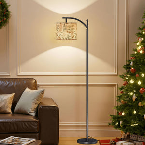 Boho Botanical Arc Floor Lamp – Beige Linen Shade with Leaf Pattern | Cozy Modern Lighting Floor Lamp (Made in USA), Home Decor Lighting, Standing Floor Lamp