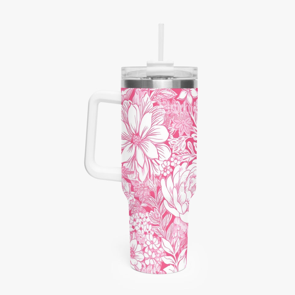 Pink and White Floral Design Pattern 40oz Car Tumbler Cup, Large Water Tumbler with Handle, Gift Idea for Christmas, Birthday, Bestie, Coworker