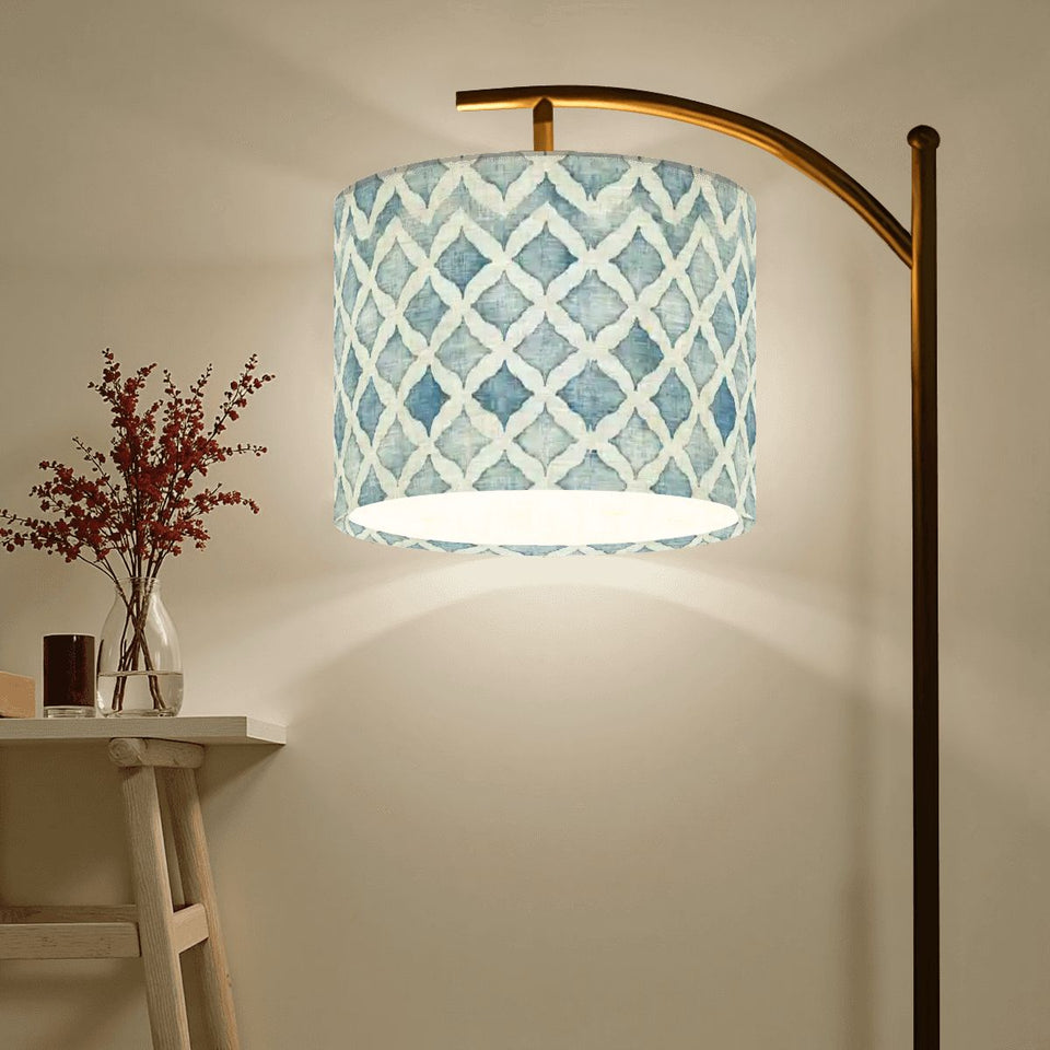 Blue and white watercolor Moroccan trellis arc floor lamp shade – view 4
